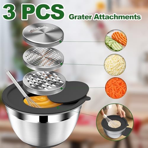 DUTZUN Mixing Bowls with Lids Set - 16pcs Stainless Steel Mixing Bowl Set with Colander, 3 Grater Attachments, Non-Slip Bottom, Metal Nesting Bowls with Strainer for Mixing & Serving - Black - Image 4