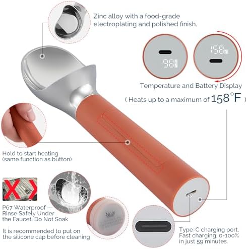 Heated Ice Cream Scoop Rechargeable, Electric Warming Ice Cream Scooper with LED Display, Heats to 158°F for Hard Ice Cream, Easy for Seniors & Kids, IP67 Waterproof (Mocha Brown, 2oz) - Image 3