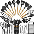 Kitchen Utensils Set- 34PCS Silicone Cooking Utensil with Holder, Umite Chef Heat Resistant Kitchen Spatula Set for Nonstick Cookware, Black Wooden Handles Kitchen Gadgets Tools Set by UmiteChef