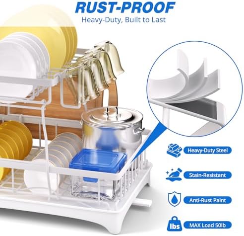 Godboat 2-Tier Dish Drying Rack - Dish Rack with Auto Drain-to-Sink & Mat - Image 4