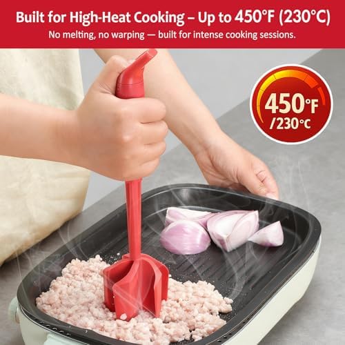 Ourokhome Meat Chopper and Potato Masher, Heat Resistant Nylon Ground Beef Smasher for Hamburger, 5 Curved Blades Nonstick Safe Mixer & Stirrer, Practical Kitchen Gadgets, Red - Image 3