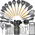 Umite Chef Silicone Kitchen Utensil Set, 34PCS Heat Resistant Kitchen Gadgets and Tools With Grater, Wood Handles for Nonstick Cookware (Dark Gray) by UmiteChef