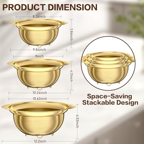 Stainless Steel Strainers for Kitchen, Stainless Steel Colander, Kitchen Strainer for Pasta Fruits Vegetables, 3 Pack Strainers and Colanders(5QT, 3QT, 2QT), Rust-Proof & Dishwasher Safe, Gold - Image 4