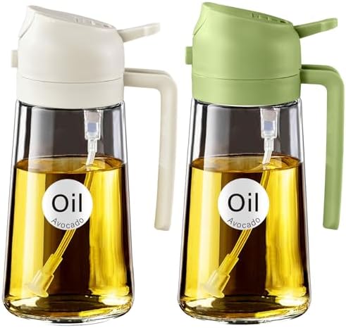 YARRAMATE 2Pcs 16oz/470ml 2 in 1 Oil Sprayer for Cooking with Stickers, Food-grade Glass Oil Spray Bottle, Oil Dispenser and Oil Sprayer for Kitchen, Salad, Frying, BBQ (White & Green) by YARRAMATE