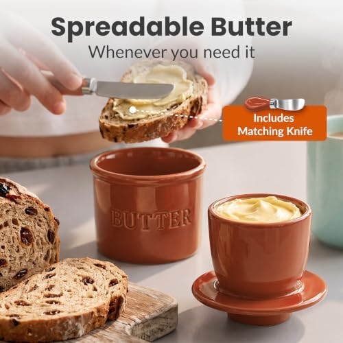 Priority Chef Butter Crock with Lid for Countertop with Spreader Knife and Water Line, Soft Spreadable Butter, Ceramic French Butter Dish with Lid, Rust - Image 2