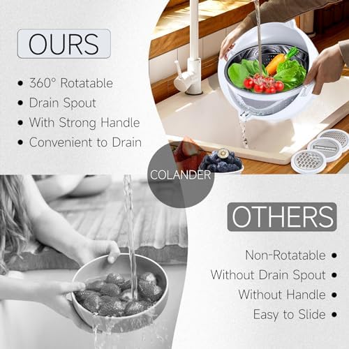 4-1 Strainer with Bowl Set - Rotatable Colander for Kitchen(Patented) - Strainers and Colanders - Pasta Strainer with New Upgraded Graters for Fruit Veggie Fun Kitchen Presents - White - Image 4