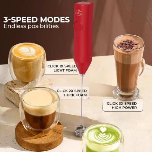 Zulay Kitchen Rechargeable Milk Frother Handheld - Frother Wand, Drink Mixer, Electric Whisk Frother, for Cappuccinos, Matcha & Protein Powder - Dynamic Triple Whisk, 3 Speed 500mAh Red - Image 5