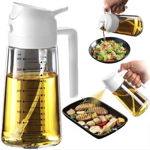 TrendPlain 16oz/470ml Glass Olive Oil Sprayer for Cooking – 2 in 1 Olive Oil Dispenser Bottle for Kitchen Gadgets and Air Fryer Accessories, Salad, BBQ - White by TrendPlain