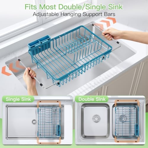 JASIWAY Blue Dish Drying Rack Over the Sink with Utensil Holder - Image 3
