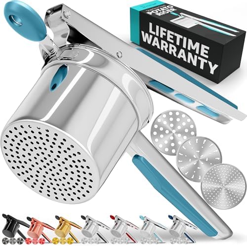 PriorityChef Large 15oz Potato Ricer With 3 Discs, Heavy Duty Stainless Steel Potato Ricer for Mashed Potatoes, Potato Masher, Press and Ricer Kitchen Tool, Turquoise by PriorityChef