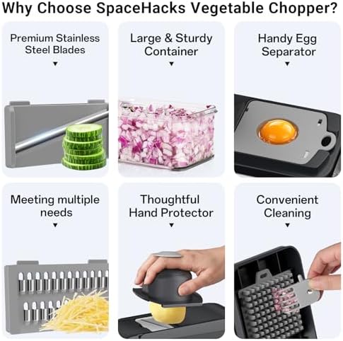 SpaceHacks 12-in-1 Vegetable Chopper, Kitchen Gadgets with 7 Blades, Veggie, Food, Onion Chopper, Cucumber Slicer, Versatile Mandoline, Includes Egg Separator & Finger Guard, Gray (Pack of 2) - Image 3