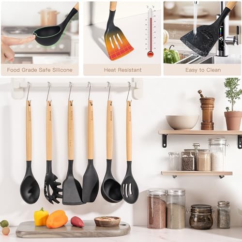Astercook 39 PCS Kitchen Utensils Set, Silicone Cooking Utensil Sets with Wooden Handle, 446°F Heat Resistant Food Grade Spatula Set, BPA Free Kitchen Gadgets Tools Set & Spoons for Nonstick Cookware - Image 7