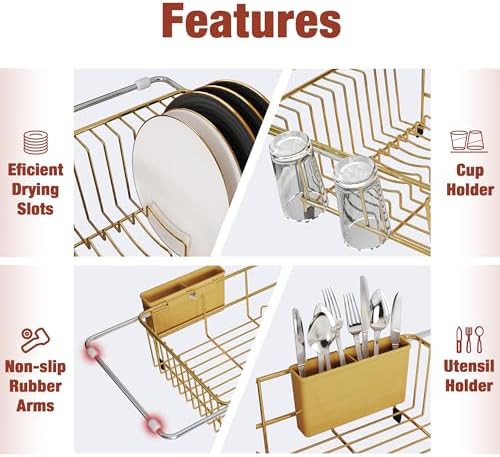 JASIWAY Gold Dish Drying Rack in Sink with Drainboard and Utensil Holder - Image 7