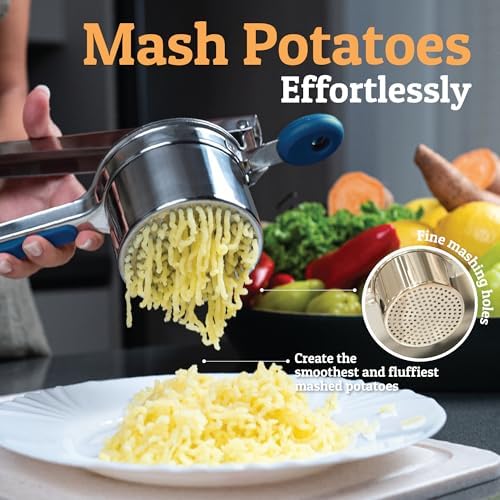 PriorityChef Large 15oz Potato Ricer, Heavy Duty Stainless Steel Potato Masher and Ricer Kitchen Tool, Press and Mash Kitchen Gadget For Perfect Mashed Potatoes - Everytime, Blue - Image 2