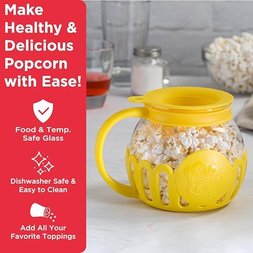Ecolution Patented Micro-Pop Microwave Popcorn Popper with Temperature Safe Glass, 3-in-1 Lid Measures Kernels and Melts Butter, Made Without BPA, Dishwasher Safe, 1.5-Quart, Yellow - Image 2