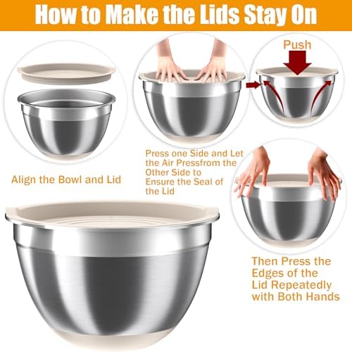 Mixing Bowls with Airtight Lids Set, 4 Stainless Steel Bowls Nesting Bowls & Colander, Kitchen Organizers and Storage Non-Slip Bottom, Size 1.5/2.0/2.5/4.5QT, Great for Mixing & Serving, Khaki - Image 6