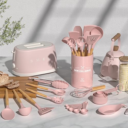Umite Chef Silicone Kitchen Utensils Set, 33 Piece Non-Stick Kitchen Utensils with Stand, Wooden Handle, Pink - Image 2