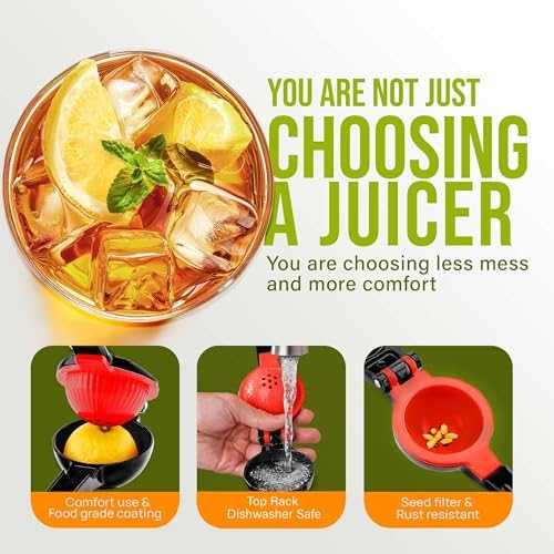 Zulay Kitchen Metal 2-in-1 Lemon Squeezer - Sturdy Max Extraction Hand Juicer Lemon Squeezer Gets Every Last Drop - Easy to Clean Manual Citrus Juicer - Easy-Use Lemon Juicer Squeezer - Black/Red - Image 4