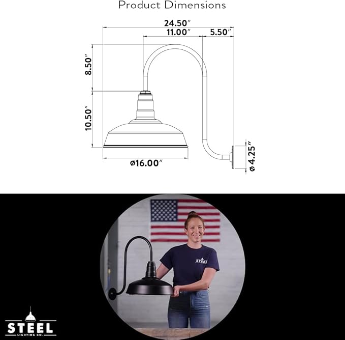 Steel Lighting Co. Gardena Barn Light | Outdoor Wall Mounted | 16" Dome | 11" Straight Arm | Farmhouse Light Made in America | Gray Blue Exterior/Brass Interior