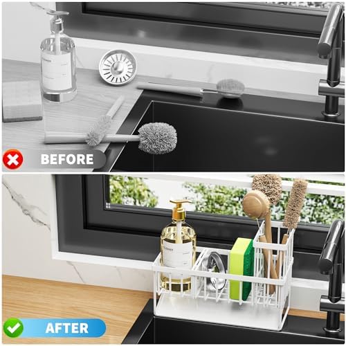 Cisily Sink Caddy Sponge Holder - Stainless Steel Rustproof, High Brush Holder, Dish Sponge Organizer with Divider (White) - Image 6