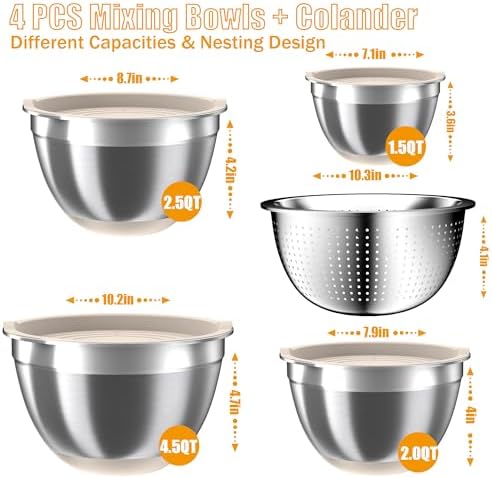 Mixing Bowls with Airtight Lids Set, 4 Stainless Steel Bowls Nesting Bowls & Colander, Kitchen Organizers and Storage Non-Slip Bottom, Size 1.5/2.0/2.5/4.5QT, Great for Mixing & Serving, Khaki - Image 2