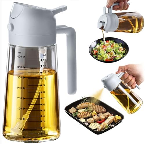 TrendPlain 16oz/470ml Glass Olive Oil Sprayer for Cooking – 2 in 1 Olive Oil Dispenser Bottle for Kitchen Gadgets and Air Fryer Accessories, Salad, BBQ - Ash by TrendPlain