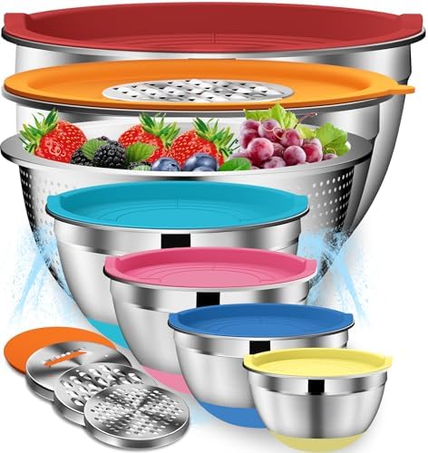 DUTZUN Mixing Bowls with Lids Set - 16pcs Stainless Steel Mixing Bowl Set with Colander, 3 Grater Attachments, Non-Slip Bottom, Metal Nesting Bowls with Strainer for Mixing & Serving - Multicolor by DUTZUN