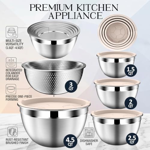 DUTZUN Stainles Steel Mixing Bowls with Lids Set, Stackable Metal Mixing & Serving Bowl with Strainer, 5-Piece - Beige - Image 2