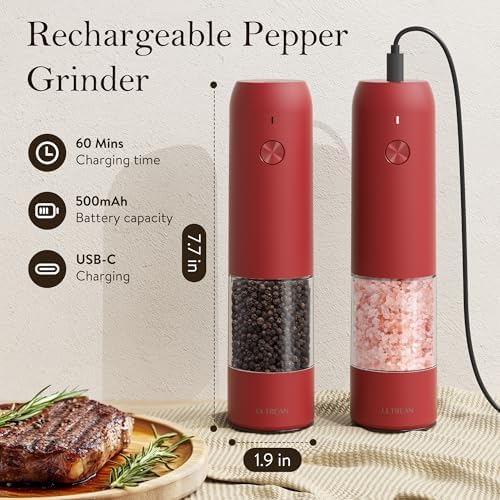 Ultrean Electric Salt and Pepper Grinder Set, Rechargeable,Red - Image 4