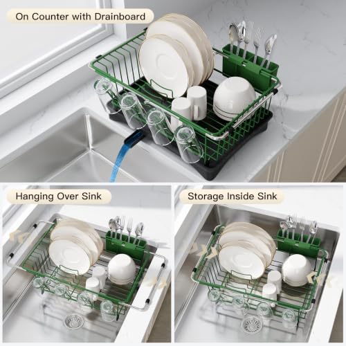 JASIWAY Green Dish Drying Rack in Sink with Drainboard and Utensil Holder - Image 2