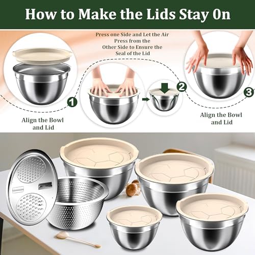 Mixing Bowls with Lids Set, 16PCS Stainless Steel Mixing Bowls,Nesting Storage Bowls for Kitchen with Mixing Bowls Set, Colander, Strainer & Grater , Metal Salad Bowl for Kitchen Gadgets , Cream - Image 2