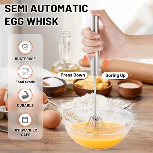 2026 Upgraded Semi-Automatic Stainless Steel Egg Beater – Hand Push Whisk for Baking, Cooking & Stirring – Perfect for Whisking Eggs, Batters & Creams – Effortless Mixing for Quick, Smooth (12in) - Image 3