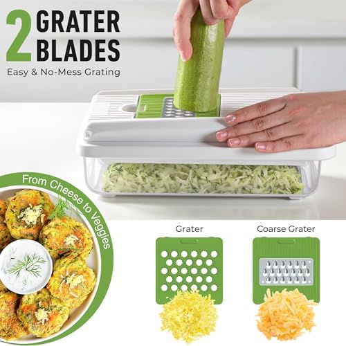 Mueller Vegetable Chopper, Mandoline Slicer, Food Veggie Chopper, Cheese Grater, Onion Vegetable Cutter with Container, Dicer, Kitchen Gadgets & Essentials, White Sand/Green - Image 6