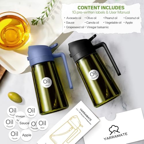 YARRAMATE 2Pcs 16oz/470ml Dark Green Oil Sprayer for Cooking with Stickers, Food-grade Premium 2 in 1 Olive Oil Dispenser Bottle for Kitchen Gadgets, Air Fryer, Salad, Frying, BBQ (Black&Navy) - Image 3