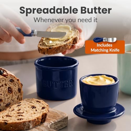 Priority Chef Butter Crock with Lid for Countertop with Spreader Knife and Water Line, Soft Spreadable Butter, Ceramic French Butter Dish with Lid, Dark Navy - Image 2