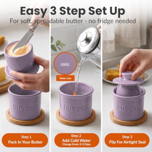 Priority Chef Butter Crock with Lid for Countertop with Spreader Knife and Water Line, Soft Spreadable Butter, Ceramic French Butter Dish with Lid, Lilac - Image 3