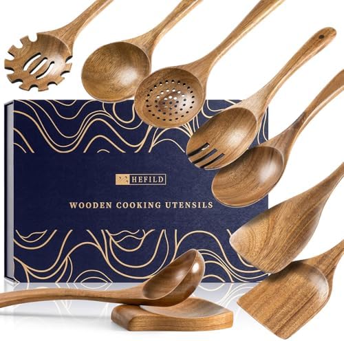 Wooden Spoons for Cooking, 9-Piece Acacia Wood Utensil Gift Set by HEFILD