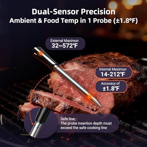 Wireless Meat Thermometer Digital with 4 Probes & IP67 Waterproof，2 Sensors in 1 Probe, WiFi Unlimited Range Real Time Monitoring Smart Meat Thermometer for Cooking, BBQ, Grill, Oven, Smoker - Image 4