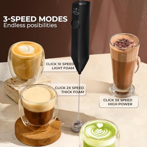 Zulay Kitchen Rechargeable Milk Frother Handheld - Frother Wand, Drink Mixer, Electric Whisk Frother, for Cappuccinos, Matcha & Protein Powder - Dynamic 3 Whisk, 3 Speed 500mAh Black - Image 4