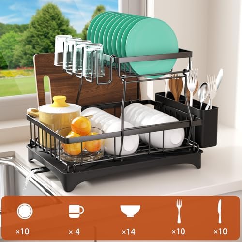 Godboat 2-Tier Dish Drying Rack - Dish Rack with Auto Drain-to-Sink & Mat - Image 2