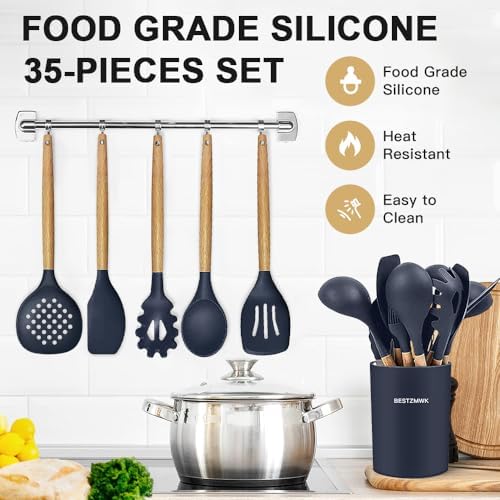 Cooking Utensils Set- 35 PCs Kitchen Utensils with Grater,Tongs, Spoon Spatula &Turner Made of Heat Resistant Food Grade Silicone and Wooden Handles Kitchen Gadgets Tools Set for Cookware - Image 3