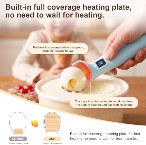 Rechargeable Heated Ice Cream Scoop, 3 Heat Levels, Nonstick Electric Scooper for Hard Ice Cream, Gelato & Sorbet, Ergonomic Solution for Seniors, Kids & Weak Wrists (Blue) - Image 3