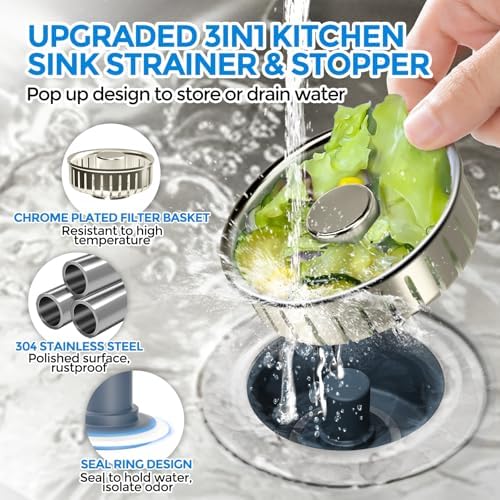 zaa 3 in 1 Kitchen Sink Drain Strainer Stopper Removable Basket Pop-Up - Image 2