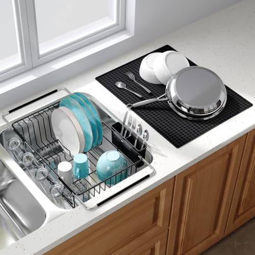 JASIWAY Black Dish Drying Rack in Sink with Mat, Cups and Utensil Holder by JASIWAY