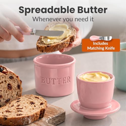 Priority Chef Butter Crock with Lid for Countertop with Spreader Knife and Water Line, Soft Spreadable Butter, Ceramic French Butter Dish with Lid, Pink - Image 2