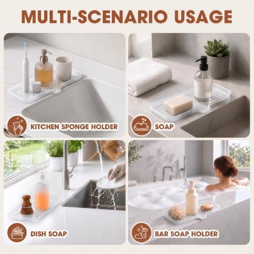 CAKETIME 2 Pack Silicone Soap Dish with Drain Spout for Bathroom Shower Caddy Kitchen Counter Bar Storage Tray Gadgets Sink Cup Dispenser Rack Home Decor Essentials Tools Transparency Large - Image 6