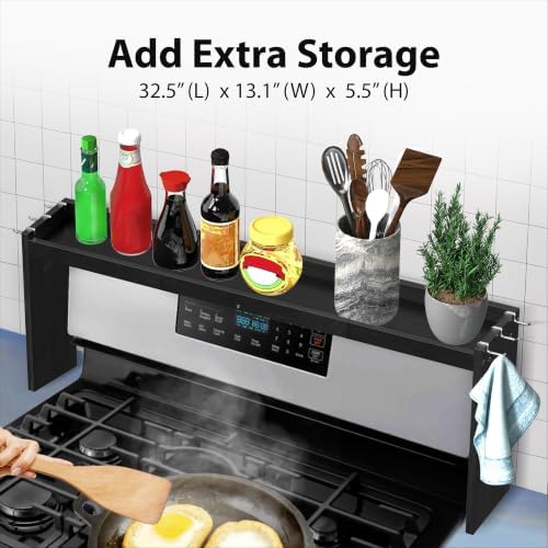 IIIOIIIA Bamboo Over the Stove Spice Shelf for Kitchen, 31.5" Spice Rack Organizer Shelf with 6 hooks, 11.4" Height Extra Storage Countertop, Easy to Assemble, Black - Image 2