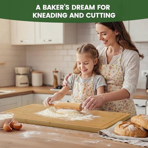 Kikcoin 30”×20” Bamboo Cutting Boards for Kitchen, Heavy Duty Wooden Cutting Boards, Healthy Extra Large Chopping Boards with Deep Juice Groove and Handle, Oversized Stove Top Cover, Natural - Image 5
