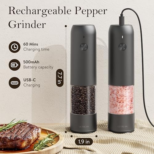 Ultrean Electric Salt and Pepper Grinder Set, Rechargeable,Gray - Image 4