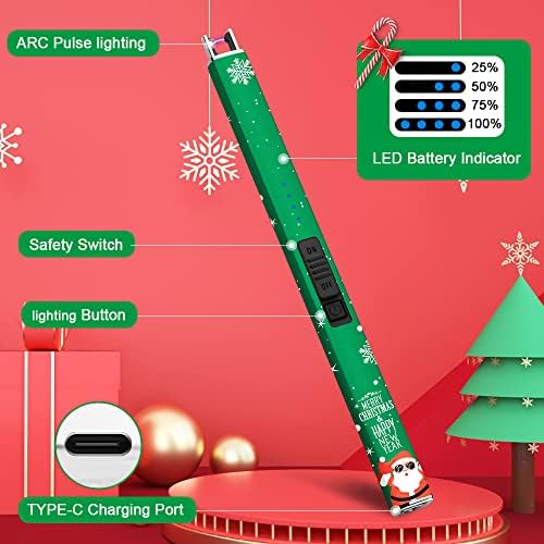 SUPRUS Electric Lighter Arc Windproof Flameless USB Rechargeable Lighter with Safety Lock for Candle BBQ Camping (Christmas Green) - Image 3